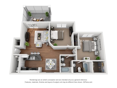 Floor plan for 2 beds, 2 baths, 949 sqft